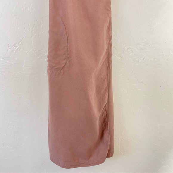 Aritzia Wilfred Size Large Blush Tan V-neck Linen Wrap-up Tie Long Midi Dress - Picture 3 of 8